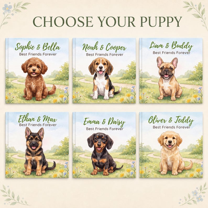 May include: Six square prints titled CHOOSE YOUR PUPPY, each featuring a different illustrated puppy sitting in a grassy field. Names like Sophie & Bella, Noah & Cooper, Liam & Buddy, Ethan & Max, Emma & Daisy, and Oliver & Teddy appear above the text Best Friends Forever.