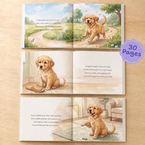 May include: A children's picture book with 30 pages featuring watercolor illustrations of a golden retriever puppy. The pages show the puppy running on a path, sitting by a slipper, and learning to shake hands, accompanied by printed story text.
