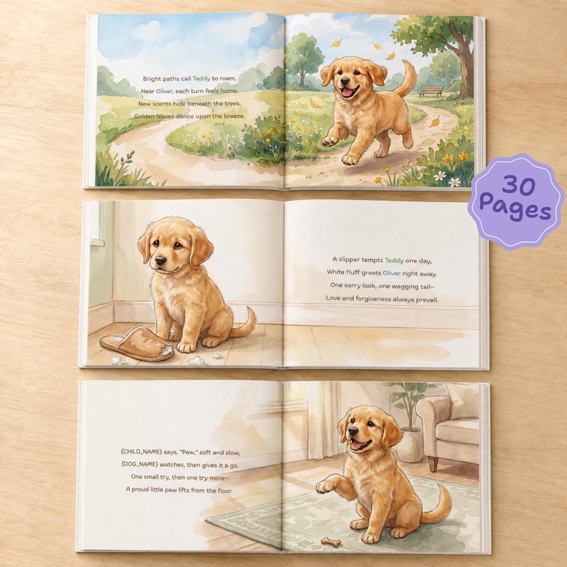 May include: A children's picture book with 30 pages featuring watercolor illustrations of a golden retriever puppy. The pages show the puppy running on a path, sitting by a slipper, and learning to shake hands, accompanied by printed story text.