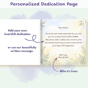 May include: A personalized dedication page for a book featuring a soft watercolor floral border. The text reads: Dear Oliver, This book was made especially for you and your furry best friend, {DOG_NAME}. May every walk, cuddle, silly moment, and new adventure bring you even closer and fill your days with happiness. With love, Mom & Dad.