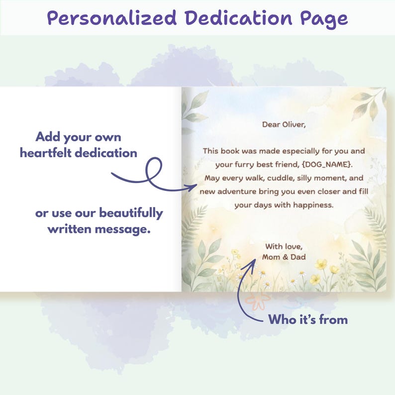 May include: A personalized dedication page for a book featuring a soft watercolor floral border. The text reads: Dear Oliver, This book was made especially for you and your furry best friend, {DOG_NAME}. May every walk, cuddle, silly moment, and new adventure bring you even closer and fill your days with happiness. With love, Mom & Dad.