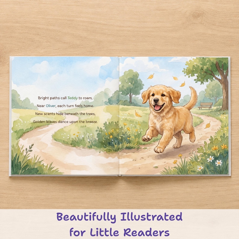 May include: An open children's book featuring a watercolor illustration of a golden puppy running on a dirt path through a park. The text reads: Bright paths call Teddy to roam, Near Oliver, each turn feels home. New scents hide beneath the trees, Golden leaves dance upon the breeze.