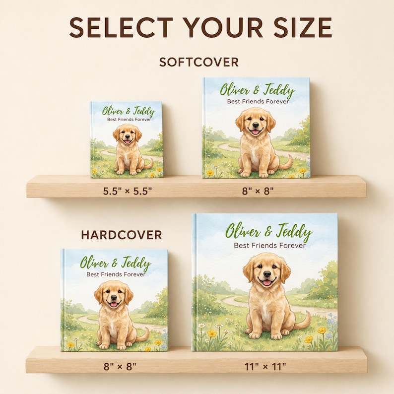 May include: Four books titled Oliver & Teddy Best Friends Forever featuring a golden retriever puppy illustration. Two softcover books measure 5.5" x 5.5" and 8" x 8". Two hardcover books measure 8" x 8" and 11" x 11". Text includes SELECT YOUR SIZE.
