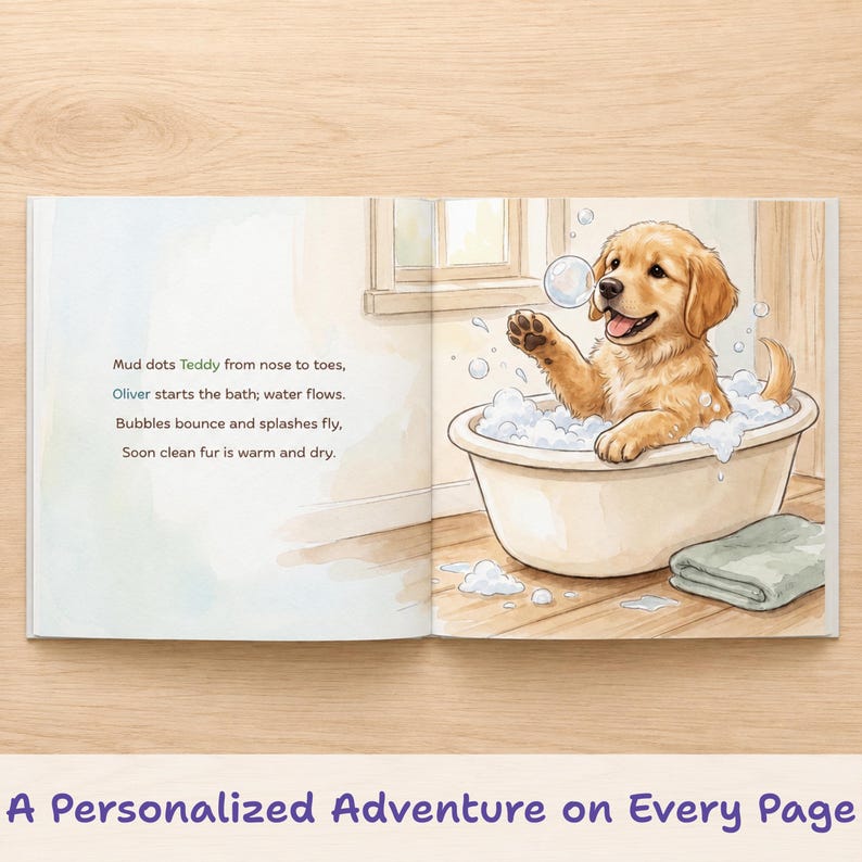 May include: An open children's book featuring a golden retriever puppy in a white bathtub filled with bubbles. The left page contains text: Mud dots Teddy from nose to toes, Oliver starts the bath; water flows. Bubbles bounce and splashes fly, Soon clean fur is warm and dry.
