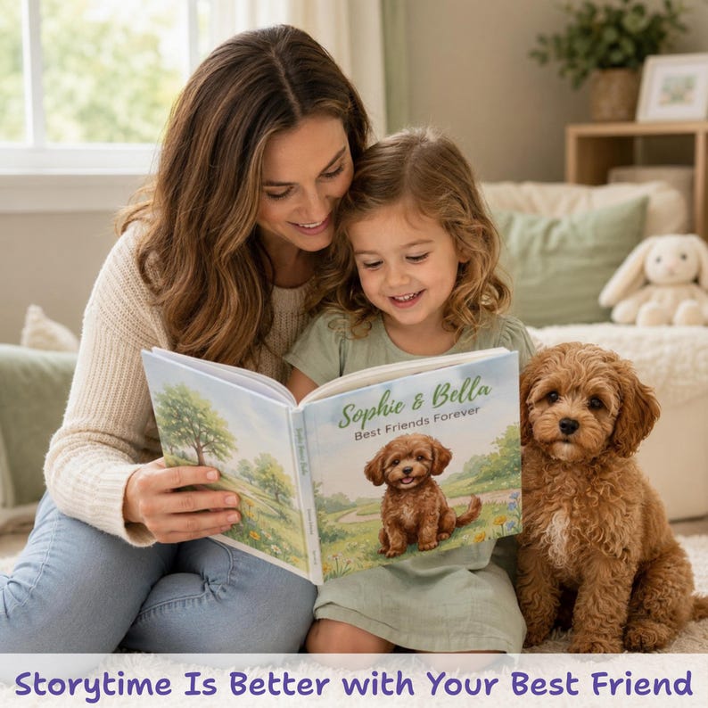 May include: A hardcover children's book titled Sophie & Bella Best Friends Forever, featuring an illustration of a brown puppy on the cover. The book is open, displaying a landscape scene with trees and flowers on the left page and the puppy on the right.