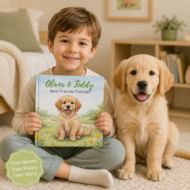 May include: A square hardcover book titled Oliver & Teddy Best Friends Forever featuring a golden retriever puppy illustration on the cover. A green badge on the bottom left corner displays the text Their Names. Their Puppy. Their Story.