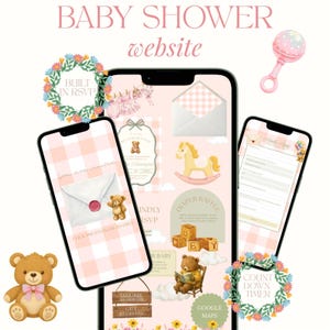 Puede incluir: Una plantilla de sitio web para baby shower mostrada en tres teléfonos inteligentes, con un fondo de cuadros vichy rosa claro, ilustraciones de ositos de peluche, un caballito de madera, bloques de letras y elementos interactivos como un sobre y un formulario.