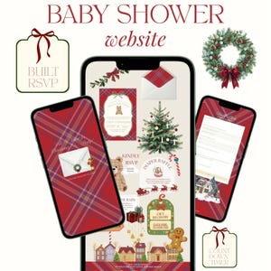 Puede incluir: Una plantilla de sitio web para baby shower con un tema de cuadros rojos y elementos navideños que incluyen un árbol, un oso de peluche, un hombre de jengibre y casas. La interfaz muestra formularios RSVP y enlaces de registro.