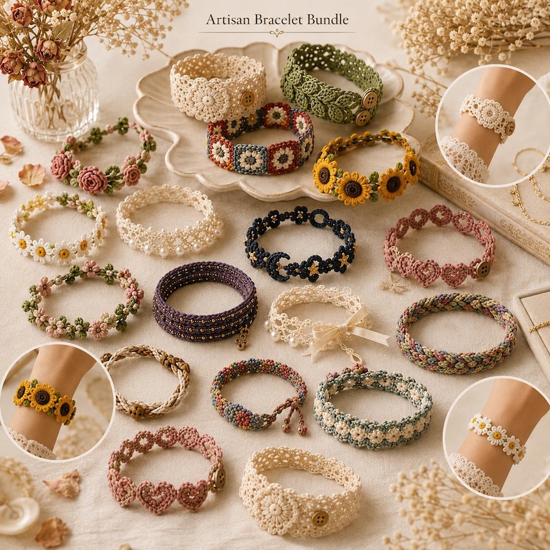 Puede incluir: Una colecci&oacute;n de pulseras artesanales de ganchillo con varios patrones florales, de corazones y geom&eacute;tricos en colores como crema, verde, amarillo, rosa y azul marino. Algunas pulseras incluyen botones peque&ntilde;os, cuentas o dijes.