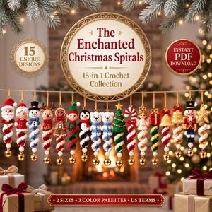 Puede incluir: Una colección de 15 adornos navideños de ganchillo con diseños en espiral, que incluyen a Santa, un muñeco de nieve, reno, hombre de jengibre, elfo, pingüino, osos polares, árbol, bastón de caramelo, ángel, regalo, campana, cascanueces y estrella, con cascabeles dorados.