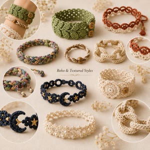 Puede incluir: Una colecci&oacute;n de diversas pulseras de ganchillo con patrones variados, incluyendo motivos de hojas, dise&ntilde;os trenzados, dijes de luna y estrella, y detalles de perlas. Algunas pulseras incluyen botones de madera, mientras otras tienen texturas de encaje.