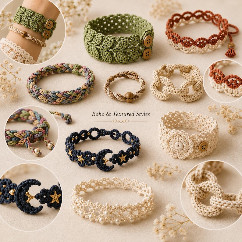 Puede incluir: Una colecci&oacute;n de diversas pulseras de ganchillo con patrones variados, incluyendo motivos de hojas, dise&ntilde;os trenzados, dijes de luna y estrella, y detalles de perlas. Algunas pulseras incluyen botones de madera, mientras otras tienen texturas de encaje.