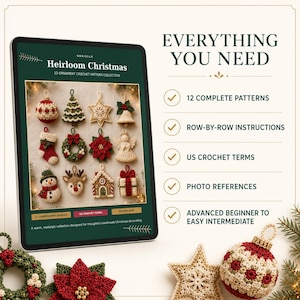May include: A digital tablet displays the Heirloom Christmas 12-ornament crochet pattern collection, featuring images of a crocheted ball, tree, star, bell, stocking, wreath, poinsettia, angel, snowman, reindeer, house, and gift box ornament.