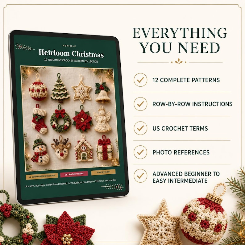 May include: A digital tablet displays the Heirloom Christmas 12-ornament crochet pattern collection, featuring images of a crocheted ball, tree, star, bell, stocking, wreath, poinsettia, angel, snowman, reindeer, house, and gift box ornament.