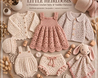 Puede incluir: Una colección de prendas de ganchillo para bebés y niños pequeños que incluye dos cárdigans, un vestido, un gorro, un pelele y unos bombachos, junto con un conejo de peluche. El texto dice NORIELLE CROCHET LITTLE HEIRLOOMS 12 Premium Crochet Patterns.