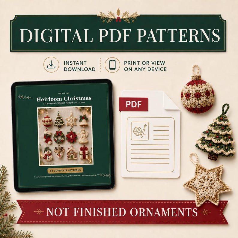 May include: A digital PDF pattern collection for 12 crochet Christmas ornaments. The image displays a tablet showing the pattern cover, a document icon labeled PDF, and three finished crochet ornaments: a red and cream ball, a tree, and a star.