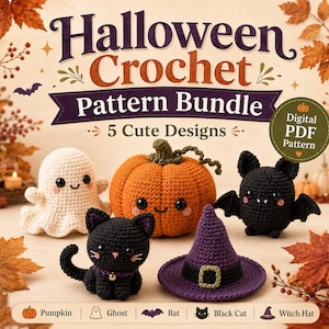 May include: A digital PDF pattern bundle titled Halloween Crochet Pattern Bundle featuring 5 cute designs. The image displays five crocheted items: a white ghost, an orange pumpkin, a black bat, a black cat, and a purple witch hat.