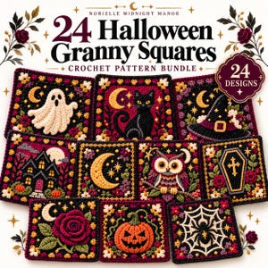 Könnte beinhalten: Ein digitales Häkelmuster-Set mit dem Titel 24 Halloween Granny Squares, das 24 Designs umfasst. Das Bild zeigt neun quadratische Häkelmotive mit Themen wie einem Geist, einer schwarzen Katze, einem Hexenhut, einem Spukhaus, einem Mond, einer Eule, einem Sarg, einer Rose, einem Kürbis und einem Spinnennetz.