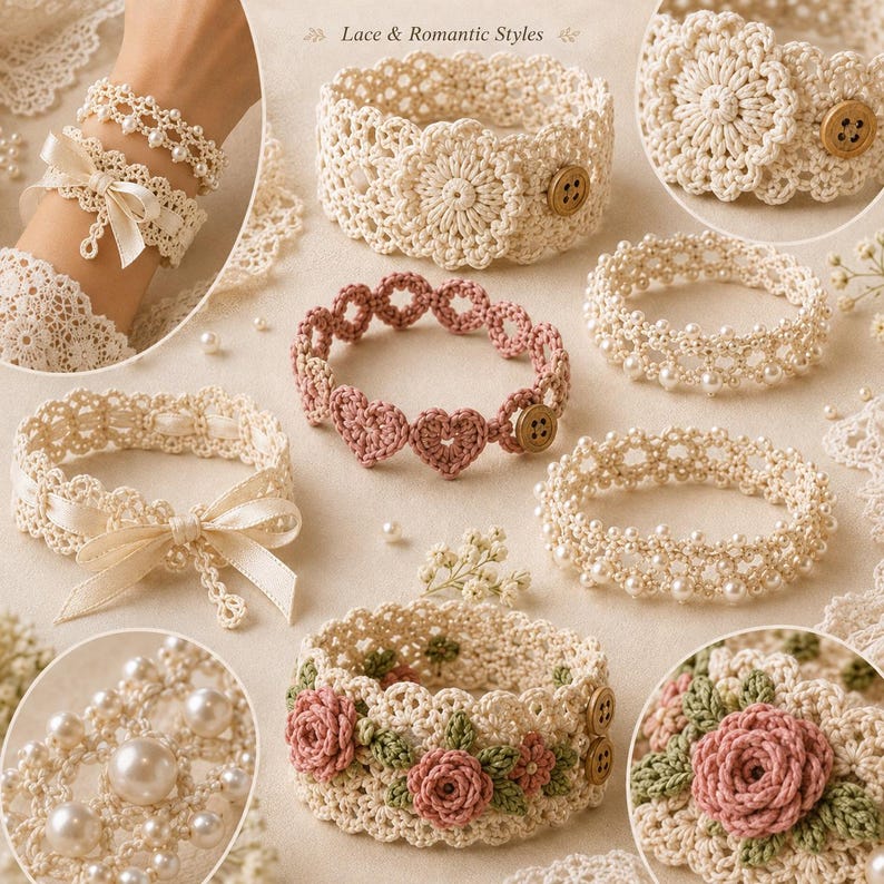 Puede incluir: Una colecci&oacute;n de pulseras de ganchillo con encaje color crema, detalles de perlas y peque&ntilde;os botones de madera. Los dise&ntilde;os incluyen motivos florales con rosas rosadas y hojas verdes, patrones de corazones y lazos. El texto dice Lace & Romantic Styles.