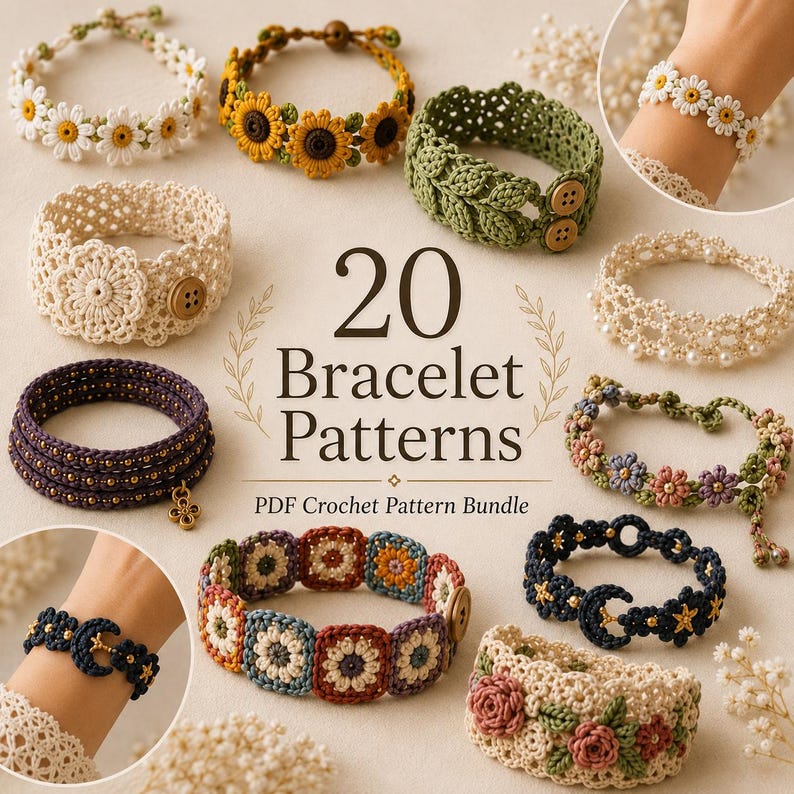 Puede incluir: Una colecci&oacute;n de 20 patrones de pulseras de ganchillo presentados como un paquete PDF. La imagen muestra varias pulseras hechas a mano con dise&ntilde;os florales, geom&eacute;tricos y de encaje en colores como blanco, amarillo, verde, morado y multicolor.