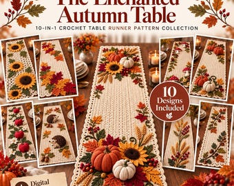 Puede incluir: Una colección de patrones PDF digitales titulada The Enchanted Autumn Table con 10 diseños de caminos de mesa a crochet. Las imágenes muestran caminos de mesa color crema decorados con calabazas, girasoles, hojas, trigo y erizos tejidos.