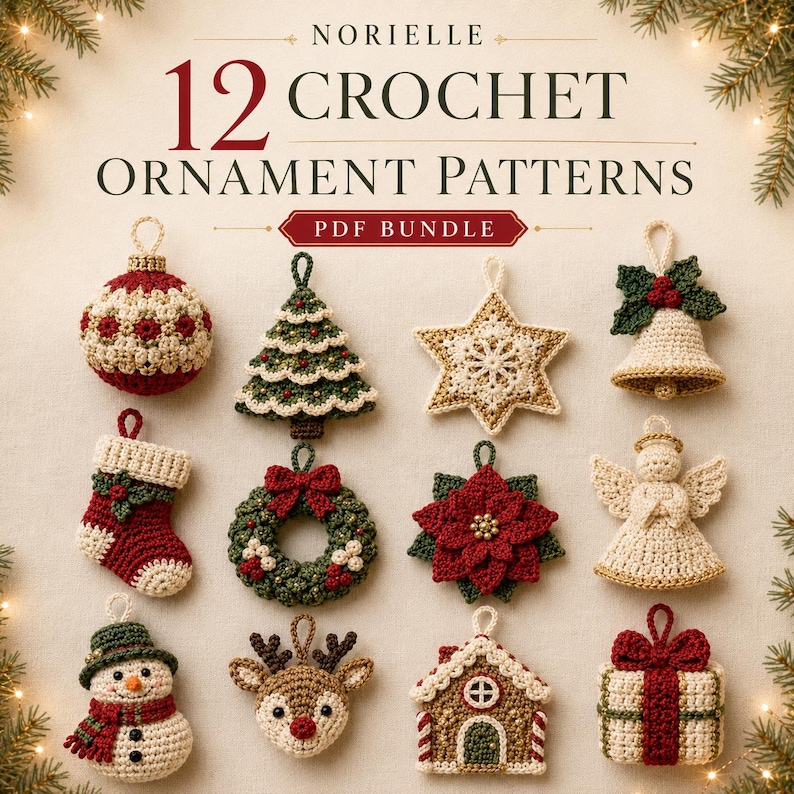May include: A digital PDF bundle titled NORIELLE 12 CROCHET ORNAMENT PATTERNS featuring twelve crocheted holiday decorations including a ball, tree, star, bell, stocking, wreath, poinsettia, angel, snowman, reindeer, house, and gift box.
