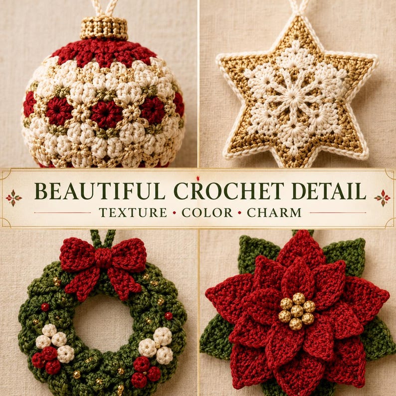 May include: Four handmade crochet ornaments including a red and cream bauble, a gold and cream star, a green wreath with a red bow and berries, and a red poinsettia flower with gold beads. Text reads: BEAUTIFUL CROCHET DETAIL TEXTURE COLOR CHARM.