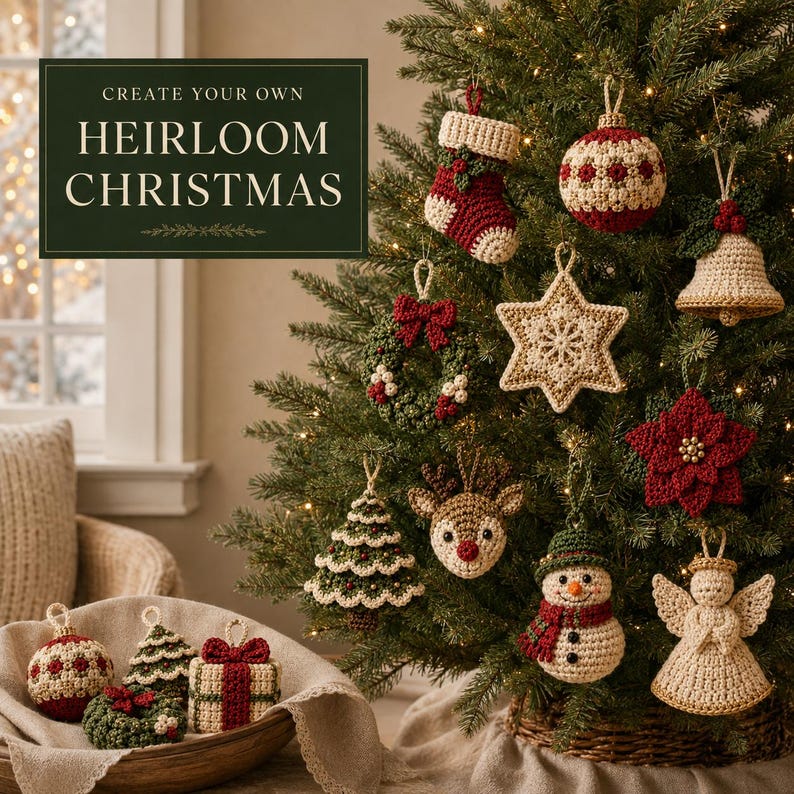 May include: A collection of crocheted Christmas ornaments hanging on a tree and in a basket, including a stocking, ball, bell, wreath, star, poinsettia, tree, reindeer, snowman, and angel. Text reads: CREATE YOUR OWN HEIRLOOM CHRISTMAS.