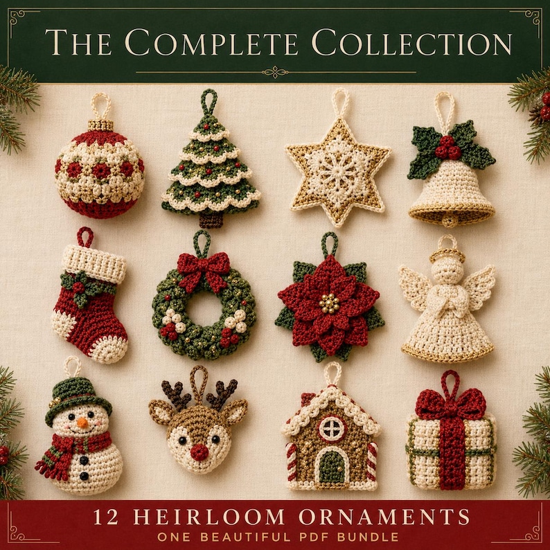 May include: A collection of 12 crocheted Christmas ornaments including a bauble, tree, star, bell, stocking, wreath, poinsettia, angel, snowman, reindeer, house, and gift. The text reads THE COMPLETE COLLECTION and 12 HEIRLOOM ORNAMENTS.