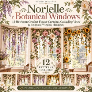 Norielle botaniska virkade fönstermönster, 12 Cottagecore-blomgardiner (PDF)