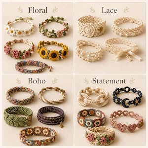 Puede incluir: Una colecci&oacute;n de veinti&uacute;n pulseras de ganchillo divididas en cuatro grupos etiquetados como Floral, Lace, Boho y Statement. Las pulseras presentan diversos dise&ntilde;os que incluyen margaritas, girasoles, rosas, perlas, cintas, trenzados, estrellas, lunas y corazones en colores variados.