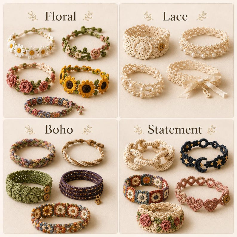Puede incluir: Una colecci&oacute;n de veinti&uacute;n pulseras de ganchillo divididas en cuatro grupos etiquetados como Floral, Lace, Boho y Statement. Las pulseras presentan diversos dise&ntilde;os que incluyen margaritas, girasoles, rosas, perlas, cintas, trenzados, estrellas, lunas y corazones en colores variados.