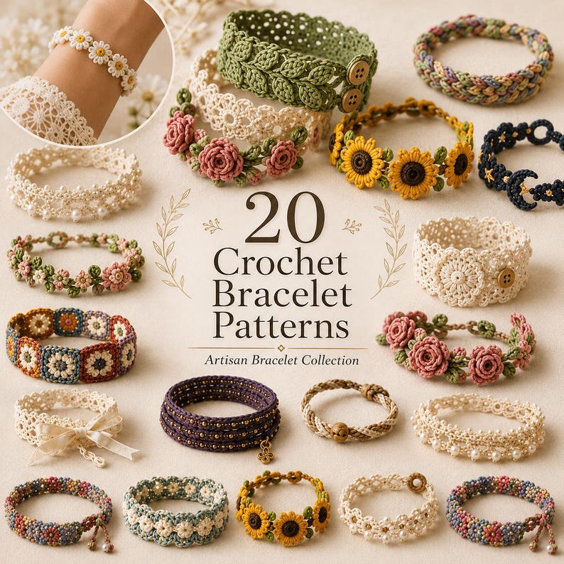 Puede incluir: Una colecci&oacute;n de 20 pulseras de ganchillo con varios dise&ntilde;os, incluyendo patrones florales con girasoles y rosas, bandas tipo encaje, estilos trenzados y motivos geom&eacute;tricos. El texto 20 Crochet Bracelet Patterns est&aacute; centrado.