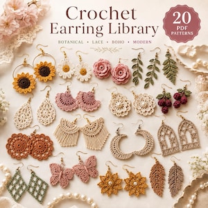 May include: A collection of 20 crochet earring patterns displayed as a digital library. The image features various designs including sunflowers, daisies, roses, leaves, berries, moons, butterflies, and geometric shapes in diverse colors and textures.