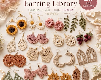 Puede incluir: Una colección de 20 patrones de pendientes de ganchillo presentados como una biblioteca digital. La imagen muestra varios diseños que incluyen girasoles, margaritas, rosas, hojas, bayas, lunas, mariposas y formas geométricas.