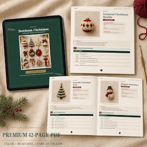 May include: A digital tablet and an open printed book displaying a crochet pattern collection titled Heirloom Christmas. The pages feature instructions and photos of handmade ornaments including a bauble, a tree, and a snowman.