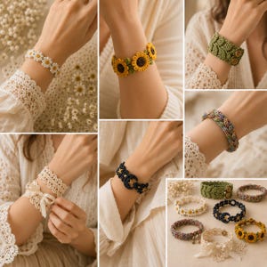 Puede incluir: Una colecci&oacute;n de seis pulseras de ganchillo distintas con varios dise&ntilde;os, incluyendo flores de margarita blancas, girasoles amarillos, hojas verdes con botones, un patr&oacute;n trenzado multicolor, un pu&ntilde;o de encaje crema con cinta y un motivo negro de luna y estrella.