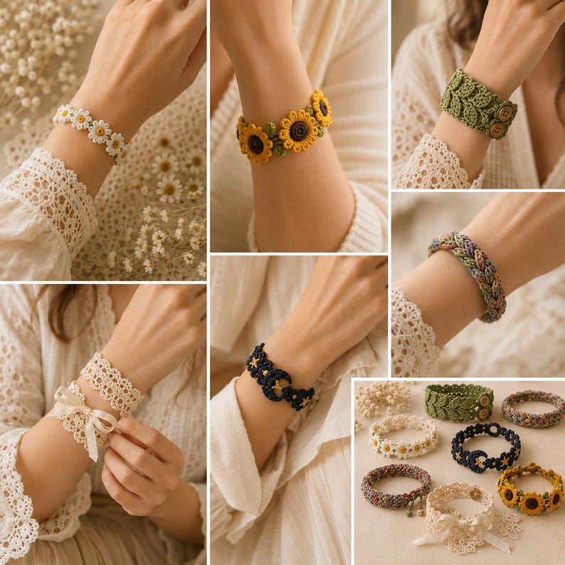 Puede incluir: Una colecci&oacute;n de seis pulseras de ganchillo distintas con varios dise&ntilde;os, incluyendo flores de margarita blancas, girasoles amarillos, hojas verdes con botones, un patr&oacute;n trenzado multicolor, un pu&ntilde;o de encaje crema con cinta y un motivo negro de luna y estrella.