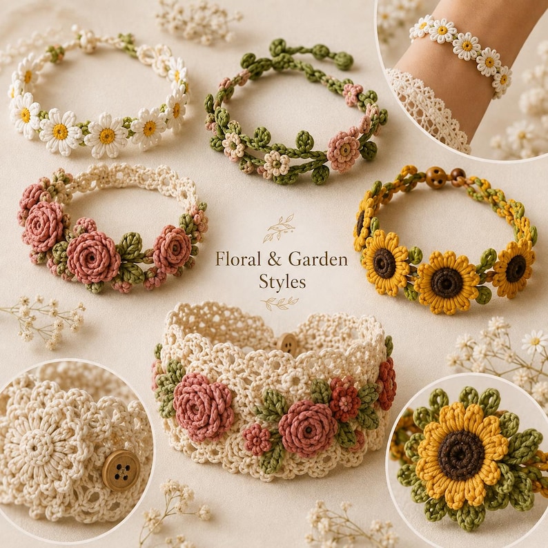 Puede incluir: Una colecci&oacute;n de pulseras de ganchillo con dise&ntilde;os florales que incluyen margaritas blancas, rosas rosadas y girasoles amarillos con hojas verdes. El conjunto incluye varios patrones con costuras intrincadas y cierres de bot&oacute;n, con el texto Floral & Garden Styles.