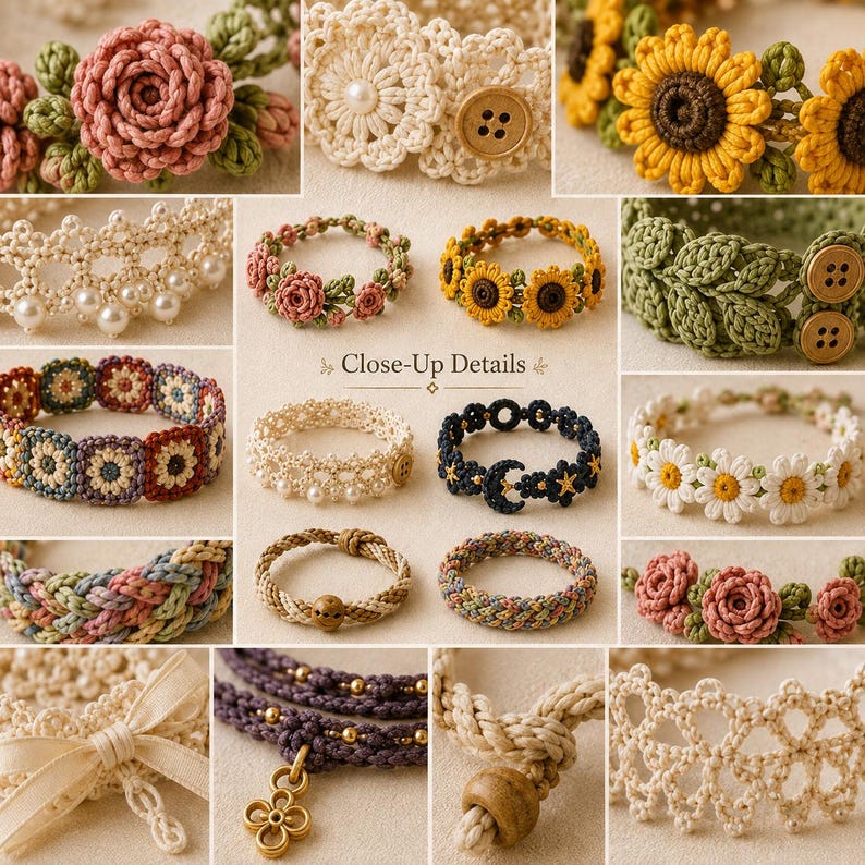 Puede incluir: Una colecci&oacute;n de varios brazaletes y pulseras de ganchillo hechos a mano con patrones florales, de hojas y geom&eacute;tricos. Los dise&ntilde;os incluyen girasoles, rosas, margaritas, perlas, botones de madera, motivos de luna y estrella y texturas trenzadas.
