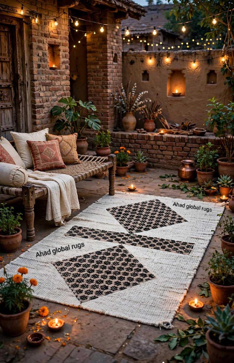 Pode incluir: Um tapete retangular com base na cor creme, apresentando dois grandes padr&otilde;es geom&eacute;tricos de diamantes pretos e uma faixa horizontal preta central. O texto Ahad global rugs est&aacute; impresso duas vezes na superf&iacute;cie do tapete em letras pretas.