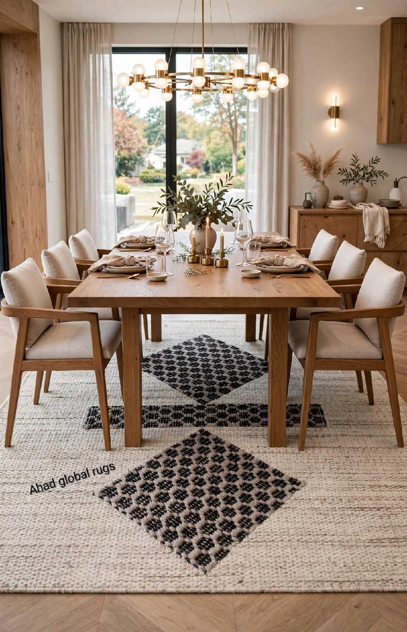 Pode incluir: Um tapete retangular com uma base de cor creme e um padr&atilde;o geom&eacute;trico repetitivo de diamantes em preto e cinzento. O texto Ahad global rugs est&aacute; impresso no canto inferior esquerdo do tapete, colocado sob uma mesa de jantar de madeira.