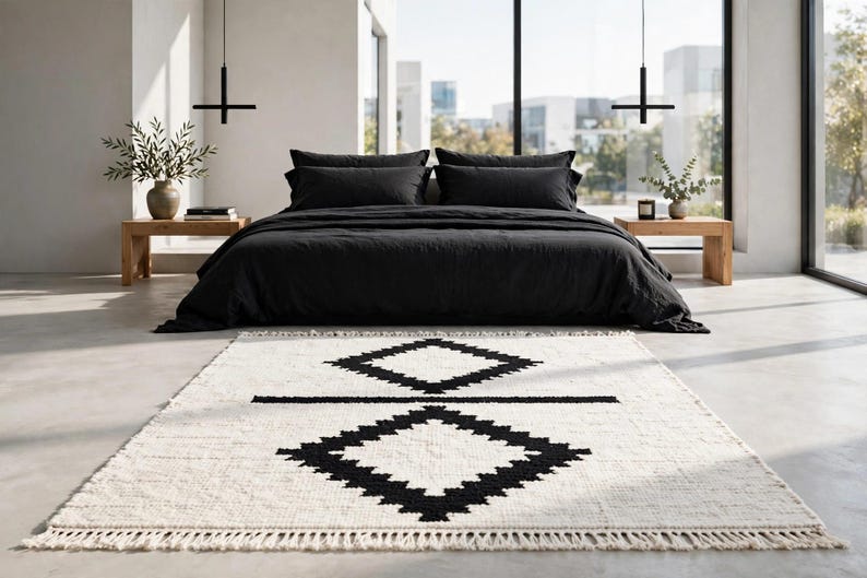 Pode incluir: Um tapete retangular com uma base de cor creme e um padr&atilde;o geom&eacute;trico preto arrojado, composto por duas formas de diamante empilhadas separadas por uma linha horizontal. O tapete tem uma textura tecida e franjas nas extremidades curtas.