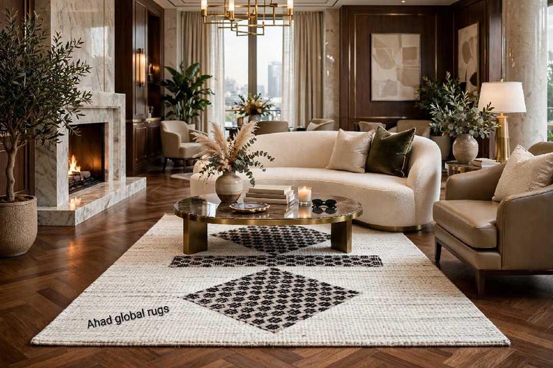 Pode incluir: Um tapete retangular com uma base de cor creme e um padr&atilde;o geom&eacute;trico repetitivo de diamantes pretos. O tapete est&aacute; posicionado sobre um piso de madeira escura e exibe o texto Ahad global rugs no canto inferior esquerdo da superf&iacute;cie.