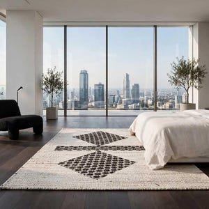 Pode incluir: Um tapete retangular com uma base de cor creme e um padr&atilde;o geom&eacute;trico repetitivo de diamantes pretos. O tapete est&aacute; posicionado sobre um piso de madeira escura num quarto com uma cama, uma poltrona preta e janelas do ch&atilde;o ao teto.