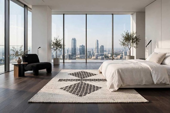 Dhurrie Rug, Geometric Area Rug, Navy Ivory Flat Weave Rug, Modern Living Room Rug