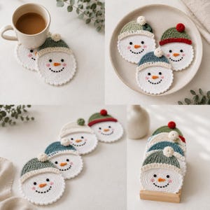 Puede incluir: Un juego de posavasos redondos de ganchillo blanco con caras de muñeco de nieve, narices de zanahoria naranjas, ojos negros y mejillas rosadas. Cada muñeco lleva un gorro de ganchillo de colores con un pequeño pompón en verde, azul y rojo.