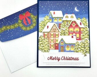 Merry Christmas Snow Village Handmade Christmas Greeting Card