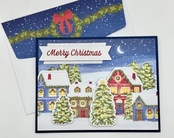 Merry Christmas Snow Village Handmade Christmas Greeting Card