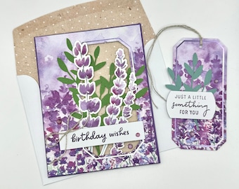 Lavender Birthday Wishes Handmade Greeting Card and Gift Tag